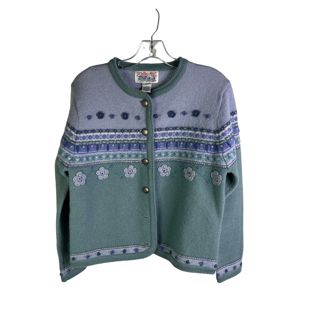 Tally-Ho Cardigan Womens S Wool Floral Embroidered Fair Isle Vintage Cottagecore